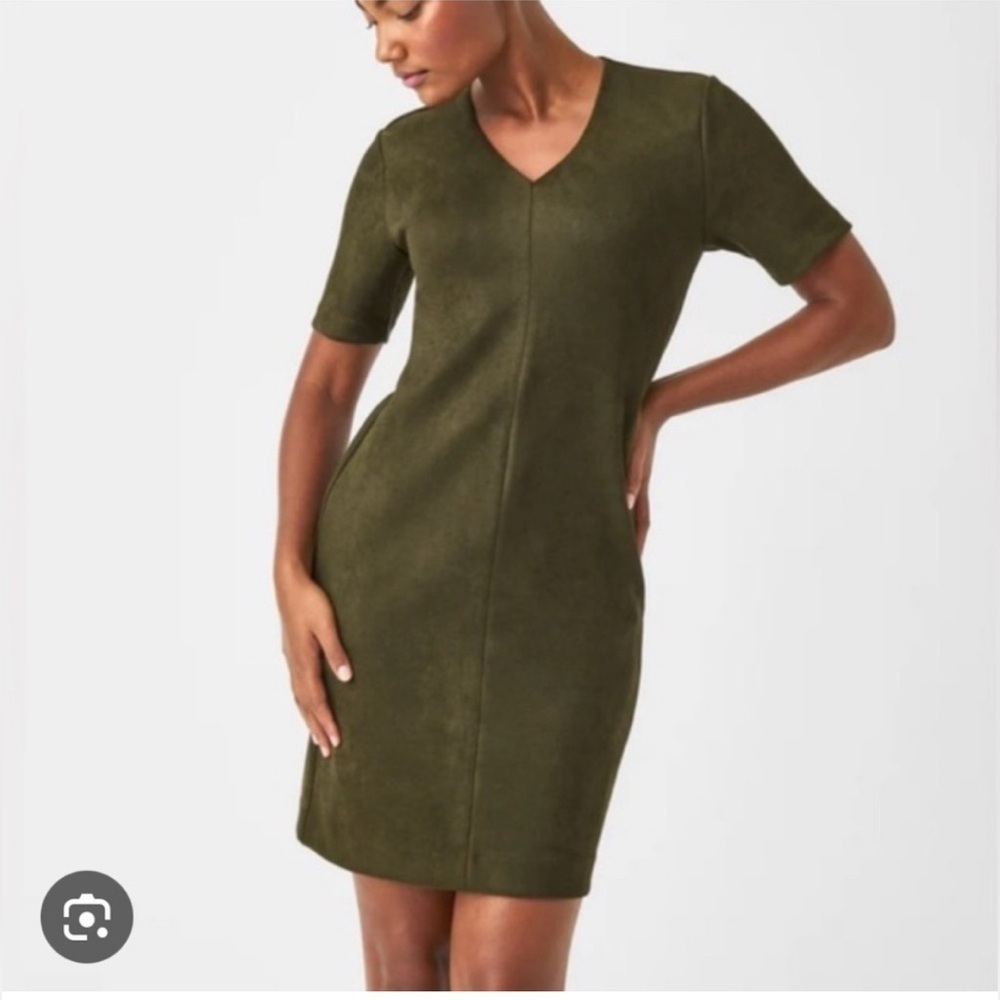 SPANX Utility Green Faux Suede Column Mini Dress
